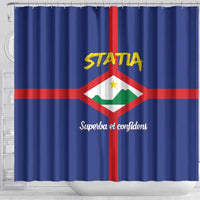 Blue shower curtain with centered Statia crest and 'Superba et confidens' text