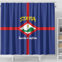 Blue shower curtain with Statia crest emblem and vertical red stripe