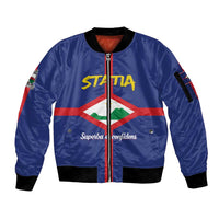 Blue bomber jacket with front zip, ribbed cuffs, and StatiA crest graphics
