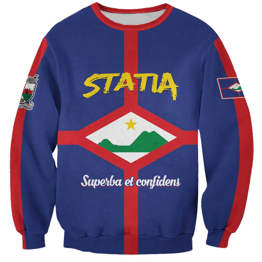 Unisex blue sweatshirt with red stripe and central crest graphic