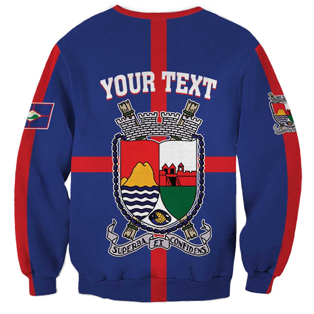 Back of blue unisex sweatshirt with YOUR TEXT crest and red side stripes