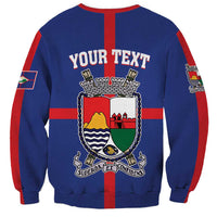 Back of blue unisex sweatshirt with YOUR TEXT crest and red side stripes