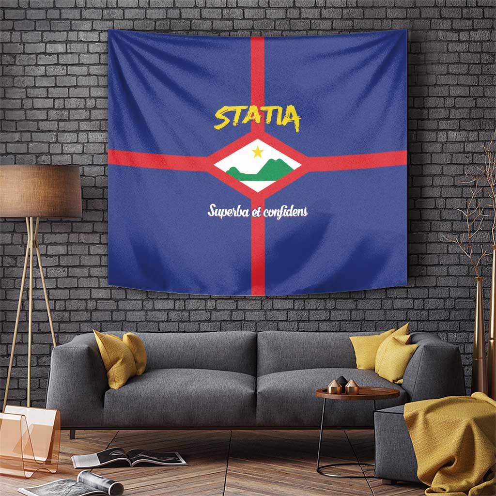 Blue rectangular tapestry wall hanging with red cross, white shield, and yellow STATIA text