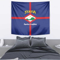 Blue rectangular coat-of-arms tapestry with red cross stripes, white shield, and STATIA lettering