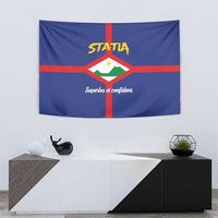 Blue rectangular wall tapestry with red cross, white shield emblem, and "Superba et confidens"