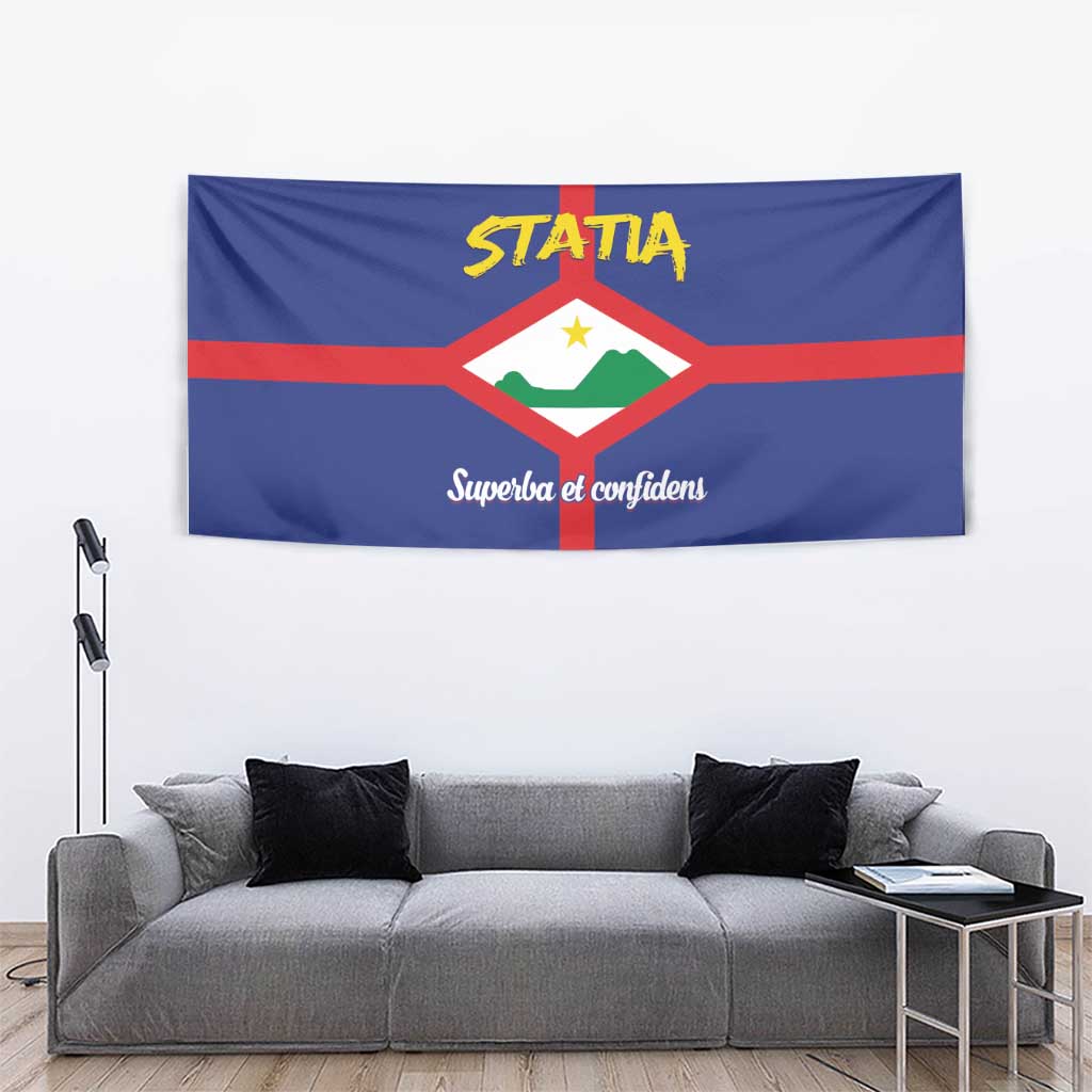 Blue rectangular tapestry with red cross, white shield crest, and "Superba et confidens" text