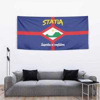 Blue rectangular tapestry with red cross, white shield crest, and "Superba et confidens" text