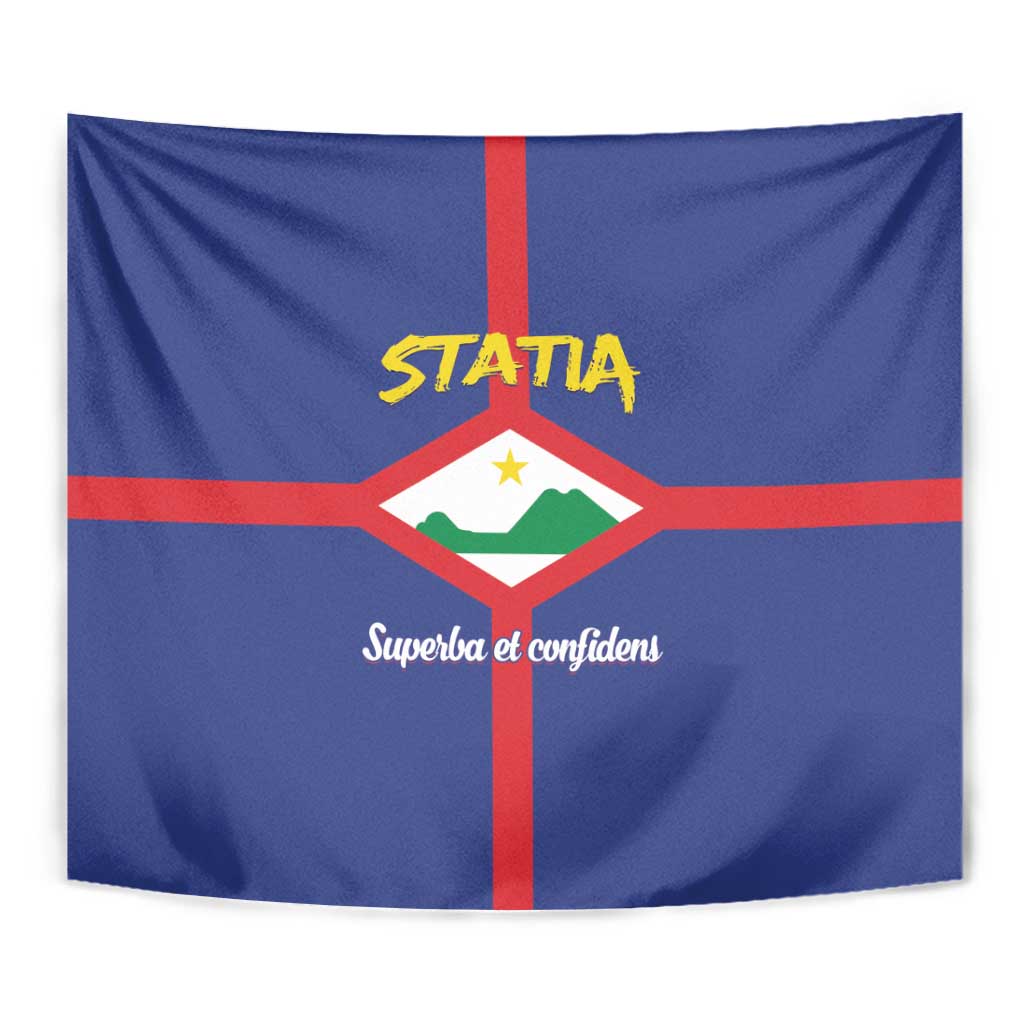 Close-up blue tapestry with red cross, white shield emblem, and yellow STATIA lettering
