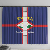 Blue window curtain panels with Sint Eustatius coat of arms emblem and yellow lettering