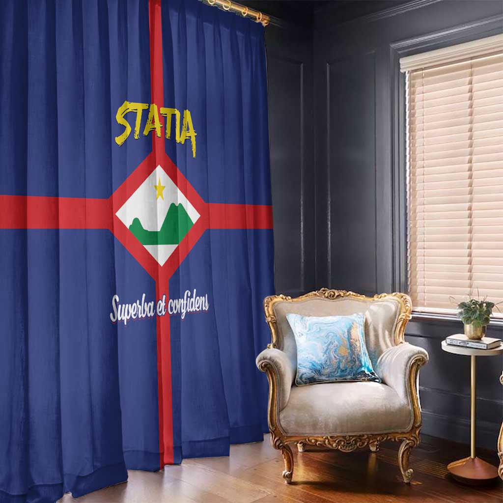 Blue window curtain panel with Sint Eustatius coat of arms diamond and yellow text
