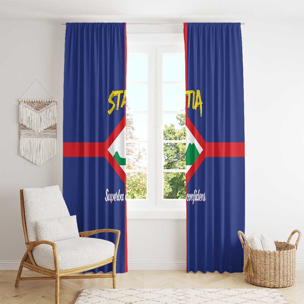 Blue window curtain panels with Sint Eustatius coat of arms emblem, red stripe, and yellow lettering