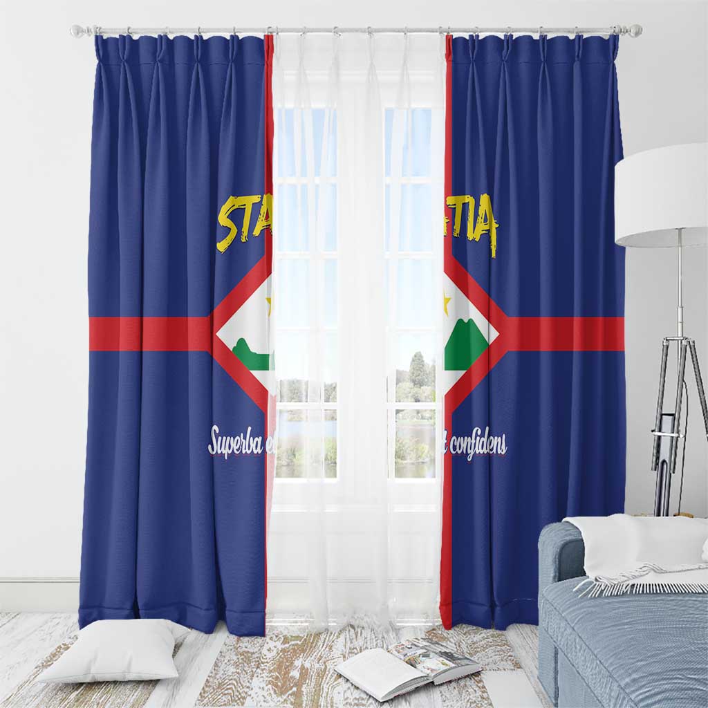 Blue window curtains with rod clips and centered Sint Eustatius coat of arms emblem