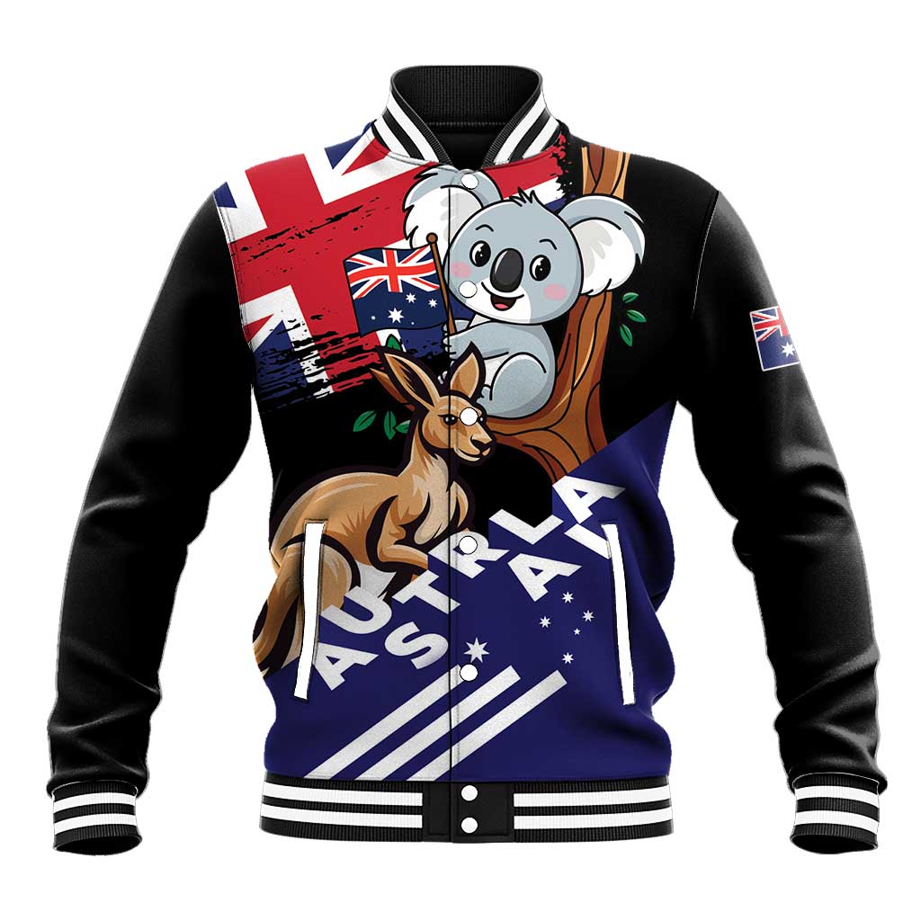 Black varsity jacket with koala and kangaroo print, Australia flag accents, snap buttons