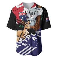 Black baseball jersey with koala face and kangaroo graphic, Australia flag accents