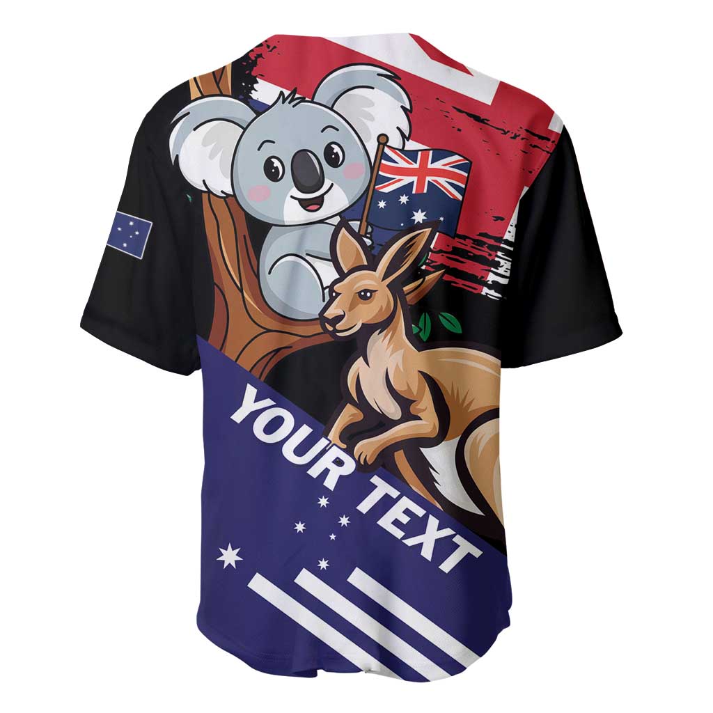 Black baseball jersey with koala and kangaroo graphic, Australia flag, custom text area