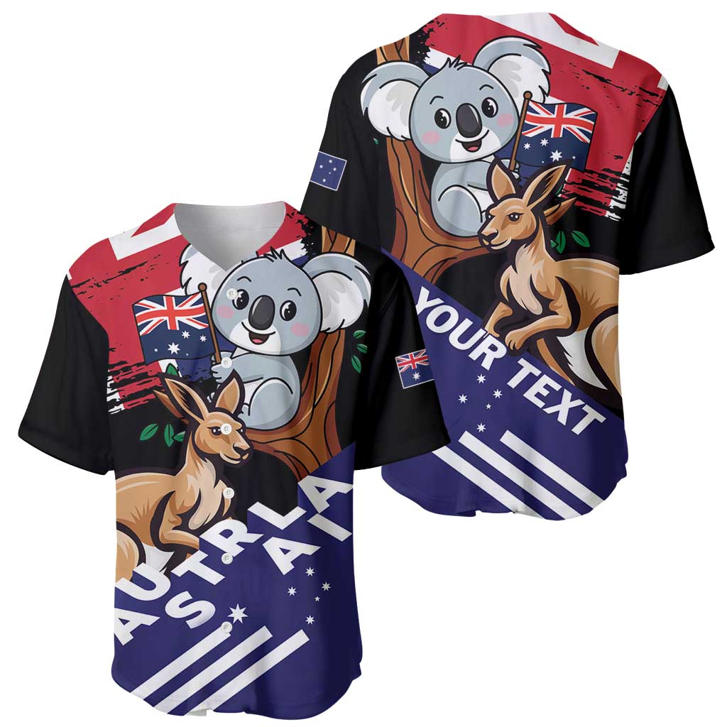 Black baseball jersey, koala and kangaroo front graphic with Australia flag and bold text