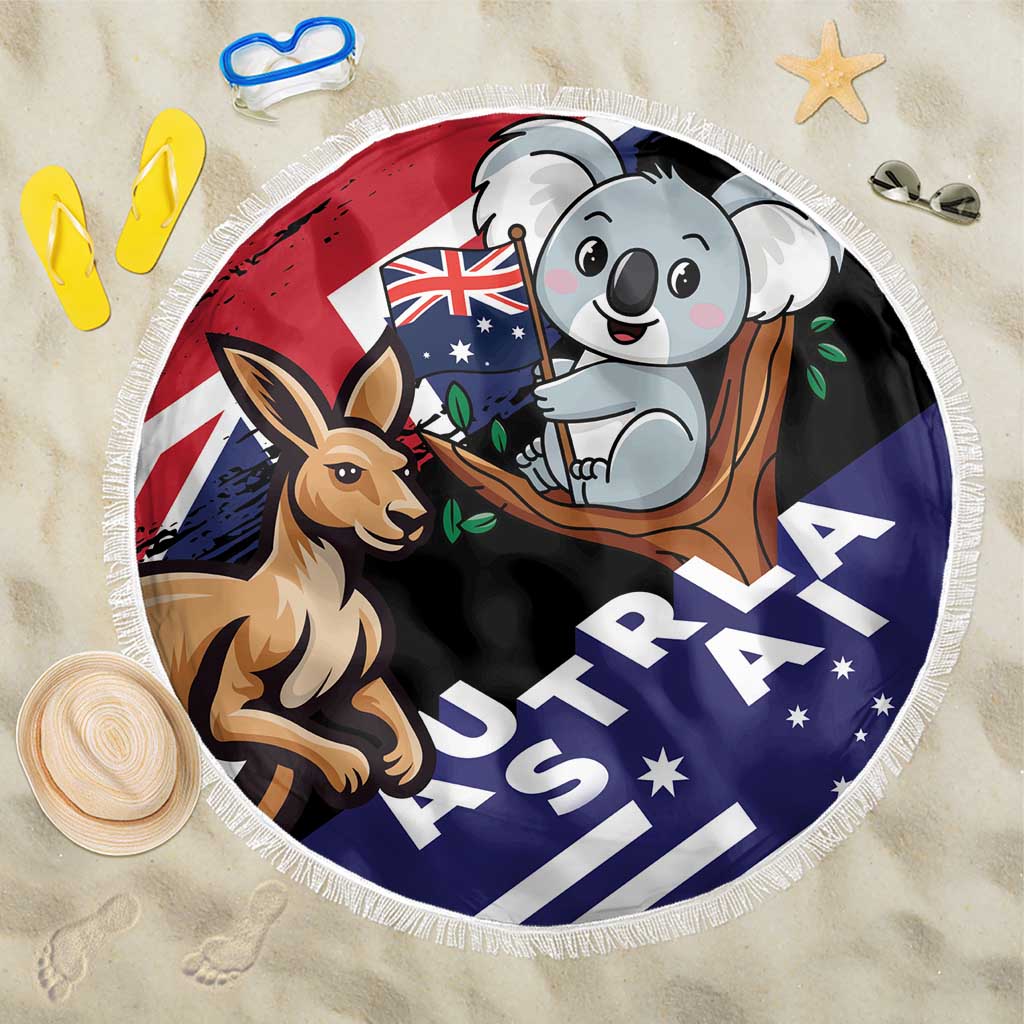 Round black Australia koala and kangaroo beach blanket with AUSTRALIA print, fringed edge, 150cm