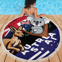 Round black Australia koala and kangaroo beach blanket with AUSTRALIA print and fringed edge, 150cm