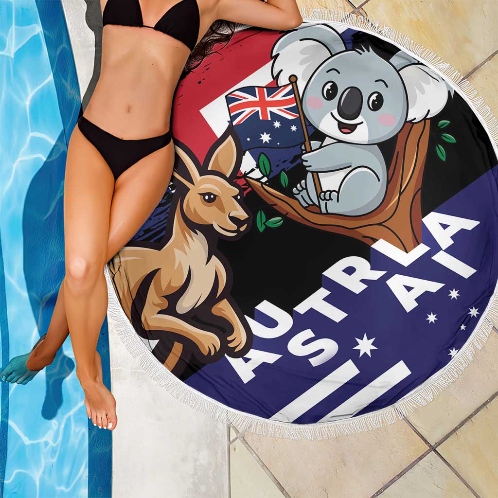 Round black Australia koala and kangaroo beach blanket with AUSTRALIA print, fringed edge, 150cm