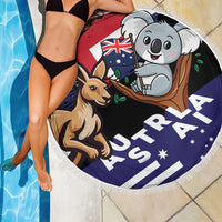 Round black Australia koala and kangaroo beach blanket with AUSTRALIA print, fringed edge, 150cm