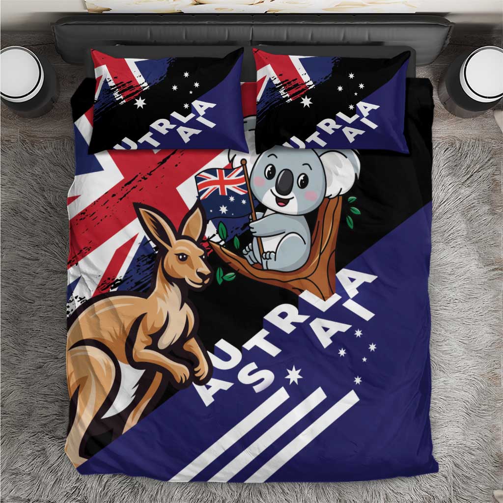 Black Australian-themed bedding set with koala, kangaroo, and flag print