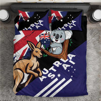 Black Australian-themed bedding set with koala, kangaroo, and flag print