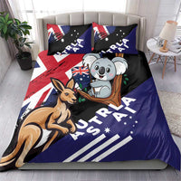 Australian koala and kangaroo bedding set with two matching pillows, dark blue and black