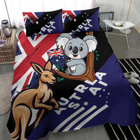 Koala and kangaroo duvet bedding set with two pillows, navy, black, and red flag design