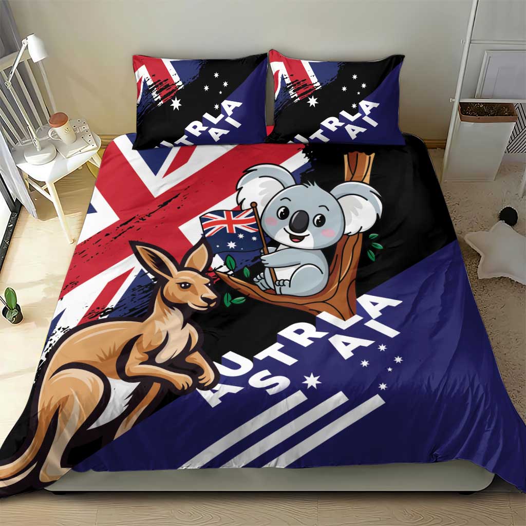 Australian bedding set with koala and kangaroo artwork and two pillows on bed