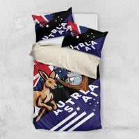 Bedding set with koala and kangaroo prints, navy and black with two pillows