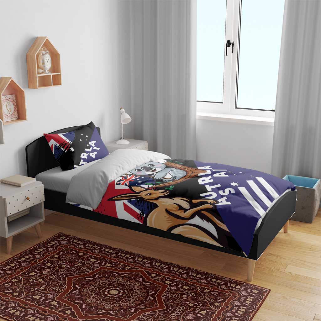 Duvet bedding set featuring koala and kangaroo with navy flag-style stripes