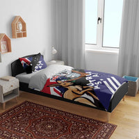 Duvet bedding set featuring koala and kangaroo with navy flag-style stripes
