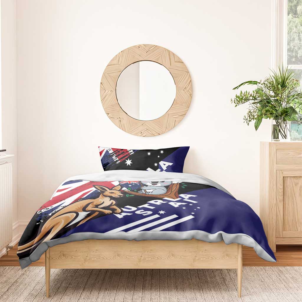 Koala and kangaroo duvet bedding set with pillow, navy and red Australian flag design