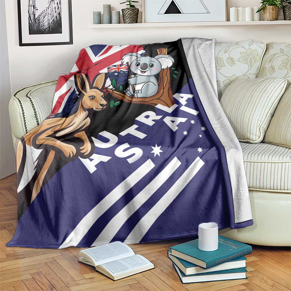 Kangaroo and koala Australia-themed blanket, dark blue and black with graphic text