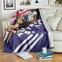 Kangaroo and koala Australia-themed blanket, dark blue and black with graphic text