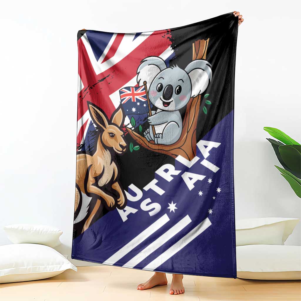 Kangaroo and koala Australia-themed blanket, black and navy with red and blue emblems