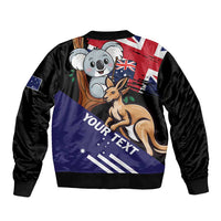 Black bomber jacket with back graphic, koala and kangaroo, 'YOUR TEXT' and stars