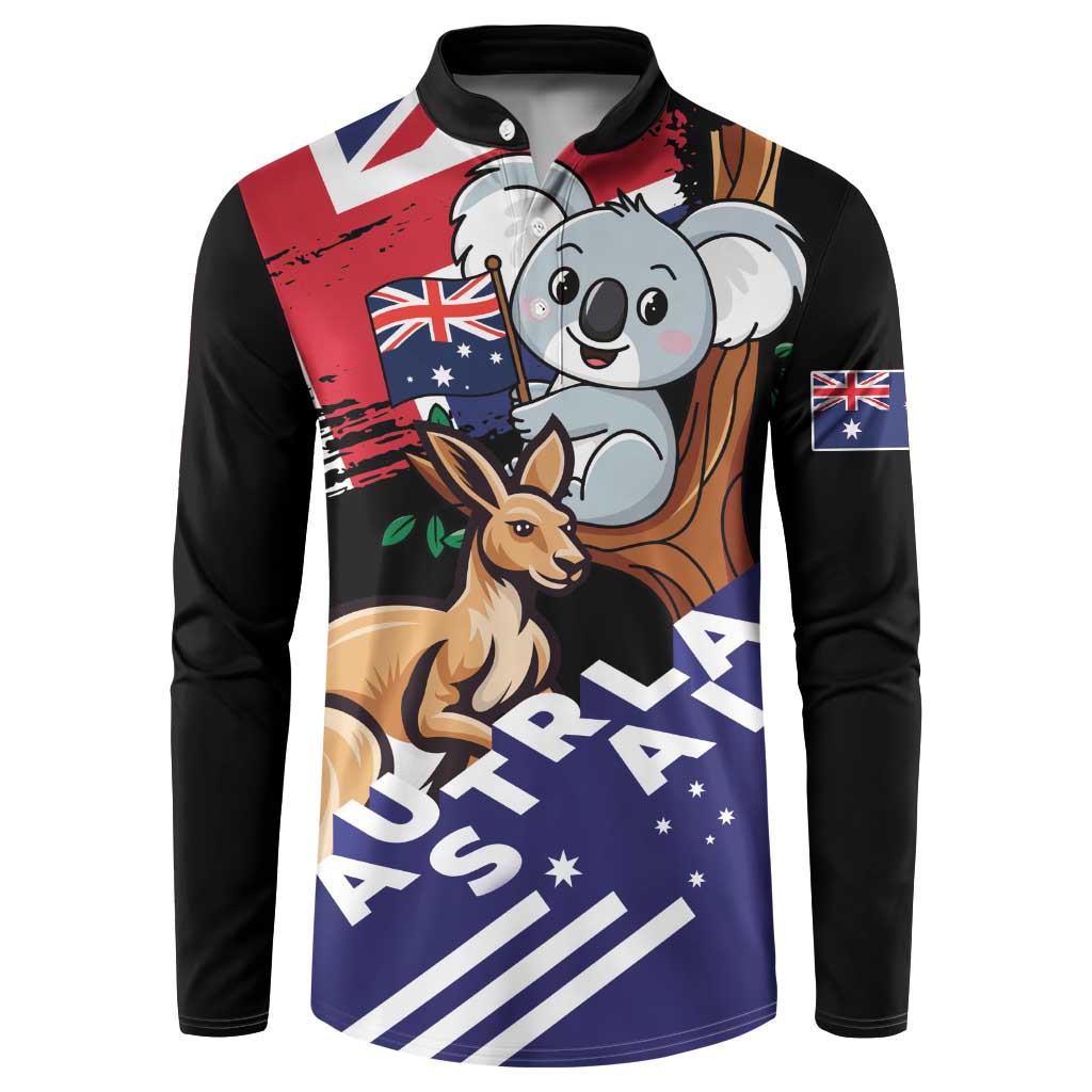 Black button sweatshirt with koala and kangaroo graphic, Australian flag patch sleeves