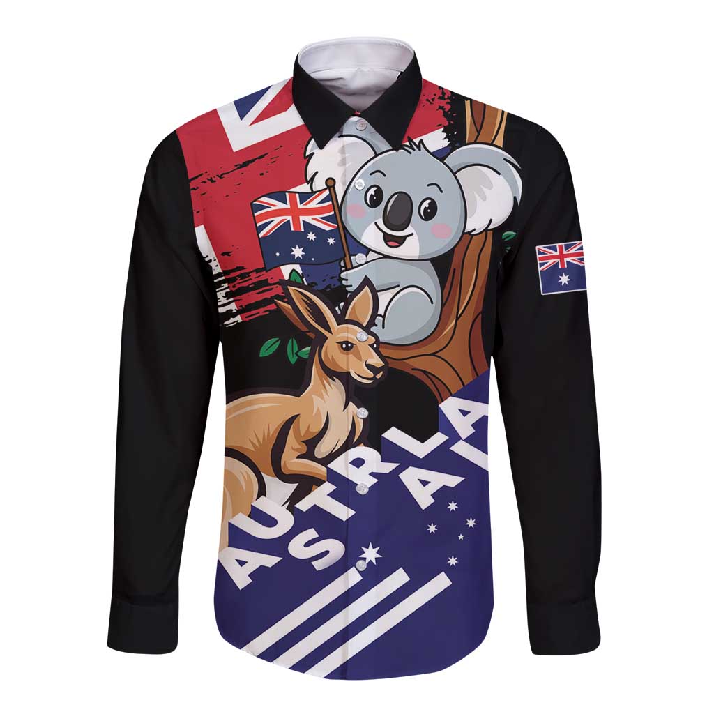 Unisex long-sleeve button shirt, black with koala and kangaroo graphic