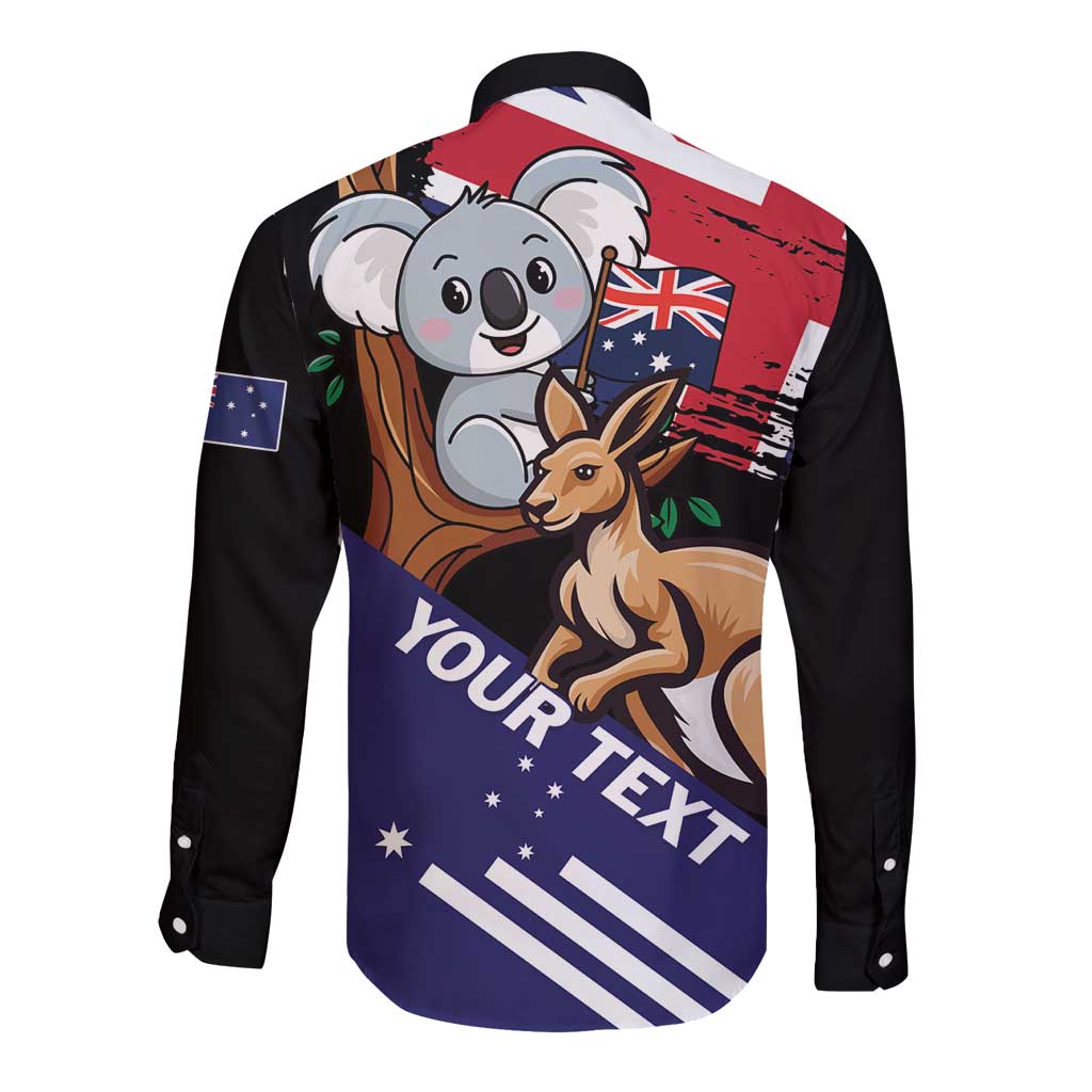 Unisex long-sleeve button shirt, black with koala and kangaroo back graphic, YOUR TEXT