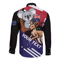 Unisex long-sleeve button shirt, black with koala and kangaroo back graphic, YOUR TEXT