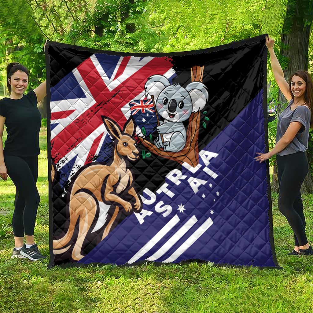 Black quilted blanket with Australia flag, koala and kangaroo, large centered design