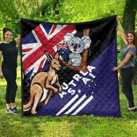 Black quilted blanket with Australia flag, koala and kangaroo, large centered design