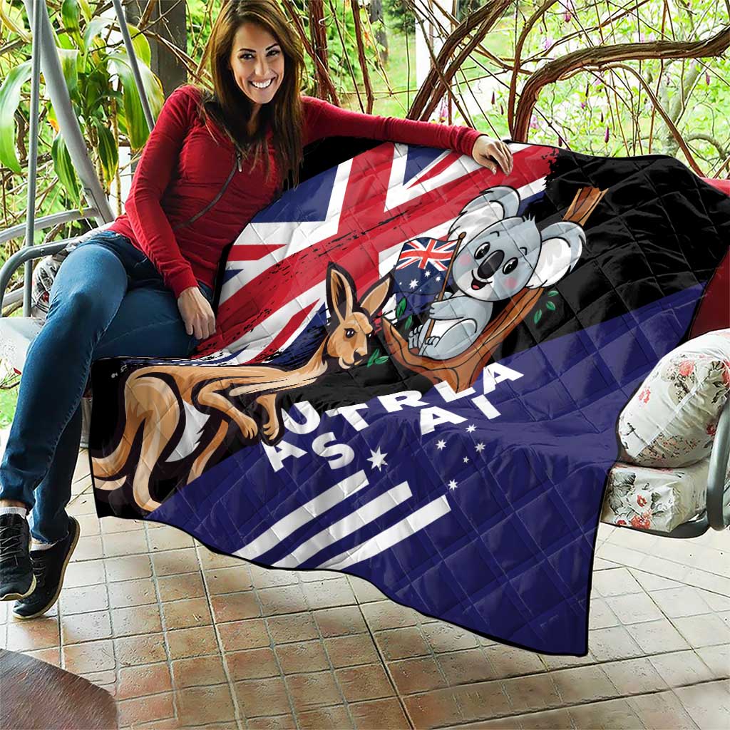 Black quilted blanket with Australia flag, koala and kangaroo, folded over couch