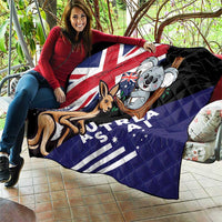 Black quilted blanket with Australia flag, koala and kangaroo, folded over couch