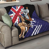 Black quilted blanket with Australia flag, koala and kangaroo on living room sofa