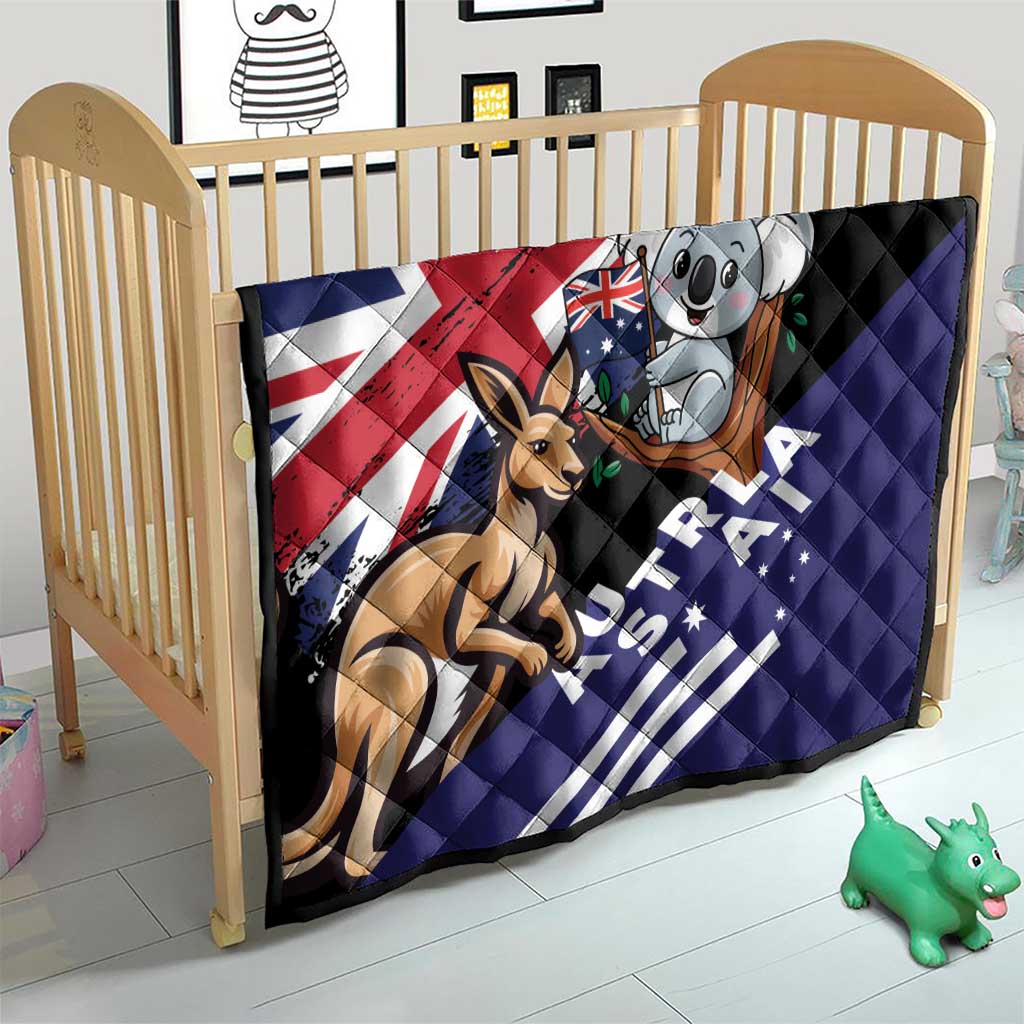 Black and blue quilted blanket with Australia flag, koala and kangaroo on baby bed