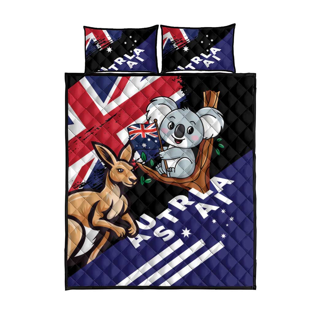 Kangaroo and koala quilt bed set with Australia flag print, includes two matching pillows
