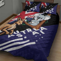 Kangaroo and koala quilt bed set with Australia flag artwork, dark blue and black