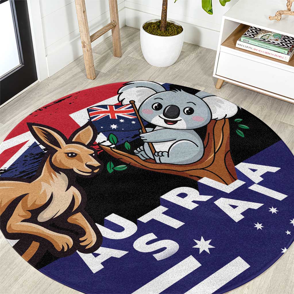 Round koala and kangaroo cartoon rug with Australian flag colors on a dark base